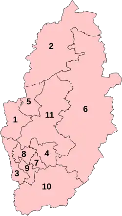 Numbered map of parliamentary constituencies in Nottinghamshire from 2024