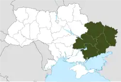 Map of Dnipropetrovsk, Donetsk, Kharkiv, Luhansk, and Zaporizhzhia oblasts highlighted in Ukraine