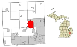 Map of Oakland County highlighting City of Pontiac (County seat) in red.