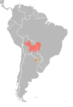 Map of South America marked salmon in much of eastern Bolivia, much of Paraguay, and nearby Brazil