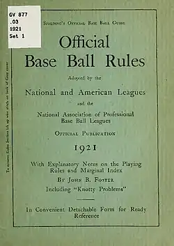 Image 3Cover of Official Base Ball Rules, 1921 edition, used by the American League and National League (from Baseball rules)