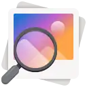 An icon with a magnifying glass over a stack of photos. The top-level photo is the only one that's visible, featuring a minimalistic, white rendition of a mountain and the sun with a purple-orange gradient in the background.