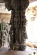 Ornate pillar of the vasanta mantapa, made of soap stone, is a Hoysala era contribution[citation needed]