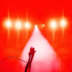 An arm lifting a microphone under stage lights