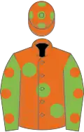 Orange, light green large spots, light green sleeves, orange spots, orange cap, light green spots
