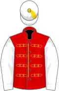 Red, gold braid, white sleeves and cap with gold tassel