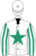White, emerald green star, striped sleeves