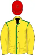 Yellow, green seams on body red cap