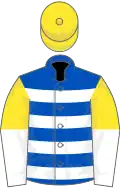 Royal blue, white hoops, yellow and white halved sleeves, yellow cap