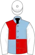 Light blue and red (quartered), white sleeves, white cap