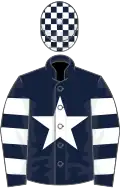 Dark blue, white star, hooped sleeves, check cap
