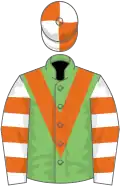 Light green, orange chevron, white and orange hooped sleeves, orange and white quartered cap