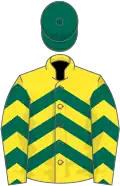 Yellow, dark green chevrons, dark green cap