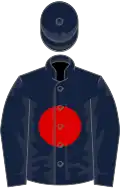 Dark blue, red disc, dark blue sleeves, dark blue cap
