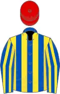 Royal blue and yellow stripes, red cap