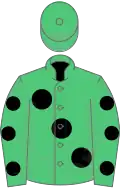 Emerald green, large black spots, black spots on sleeves, emerald green cap
