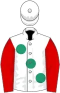 White, large emerald green spots, red sleeves, white cap