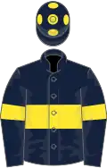 Dark blue, yellow hoop, armlets and spots on cap