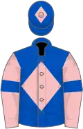 Royal blue, pink diamond, pink sleeves, royal blue armlets, diamond on cap