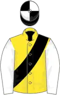 Yellow, black sash, white sleeves, black and white quartered cap