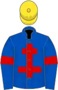 Royal blue, red cross of lorraine and armlets, yellow cap