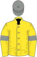 Yellow, grey armlets and cap