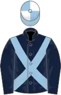 Dark blue, light blue cross belts, light blue and white quartered cap