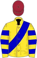 Yellow, blue sash, hooped sleeves, maroon cap