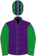 Purple, green sleeves, striped cap