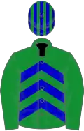 Green, blue chevrons on body, striped cap