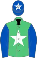 Emerald green, white star, royal blue sleeves, royal blue cap, white star