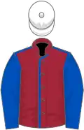 Maroon, royal blue seams and sleeves, white cap