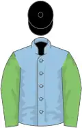 Light blue, light green sleeves, black cap