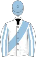 White, light blue sash, striped sleeves, light blue cap