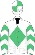 White, emerald green diamond, emerald green chevrons on sleeves, quartered cap
