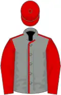 Grey, red seams, red sleeves, red cap