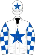 White, royal blue star on body and cap, check sleeves