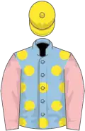 Light blue, yellow spots, pink sleeves, yellow cap
