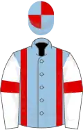 Light blue, red braces, white sleeves, red armlets, light blue and red quartered cap