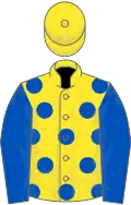 Yellow, royal blue spots and sleeves, yellow cap