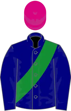 Navy blue, green sash, cerise cap