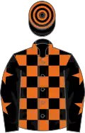 Black and orange check, black sleeves, orange stars, hooped cap