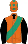 Orange, emerald green sash and spots on cap, black sleeves