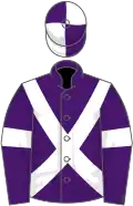 Purple, white cross belts and armlets, quartered cap