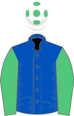 Royal blue, emerald green sleeves, white cap, emerald green spots