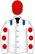White, royal blue epaulets, white sleeves, red spots, red cap
