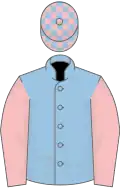 Light blue, pink sleeves, check cap