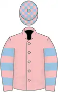Pink, light blue hooped sleeves, checked cap