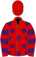 Red, purple spots, hooped sleeves, red cap