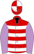 Red, white hoops, mauve sleeves, red and white quartered cap